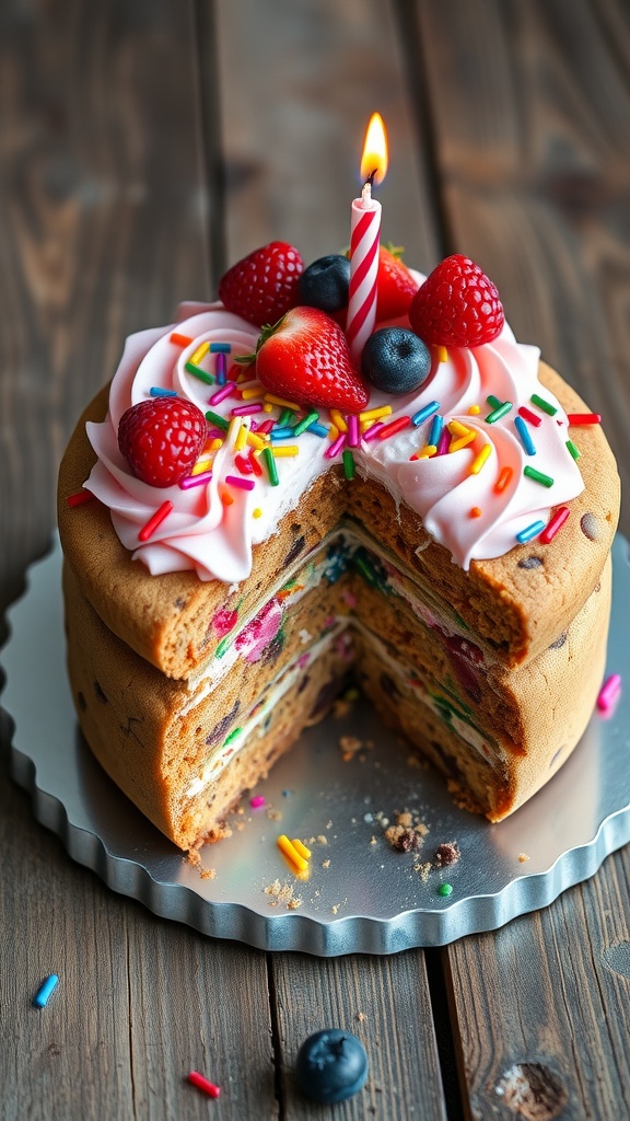 A decorated cookie cake with frosting, sprinkles, and berries on a wooden table.
